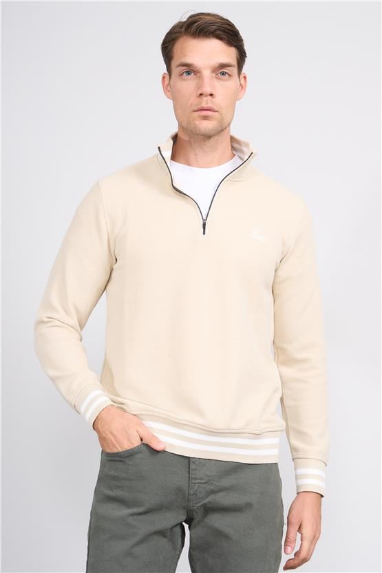 Troy Kemik Erkek Çıtır Fermuarlı Çizgili Dik Yak. Sweatshirt