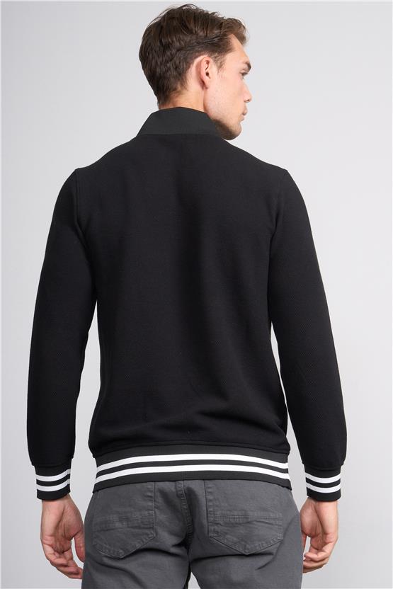 Troy Siyah Erkek Çıtır Fermuarlı Çizgili Dik Yak. Sweatshirt