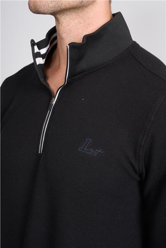 Troy Siyah Erkek Çıtır Fermuarlı Çizgili Dik Yak. Sweatshirt