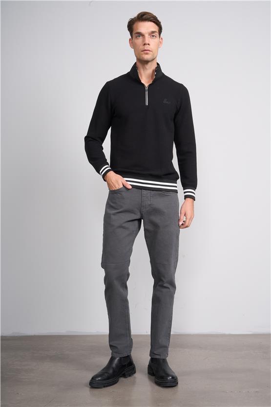 Troy Siyah Erkek Çıtır Fermuarlı Çizgili Dik Yak. Sweatshirt