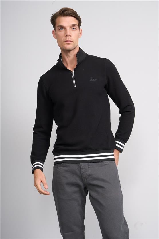 Troy Siyah Erkek Çıtır Fermuarlı Çizgili Dik Yak. Sweatshirt