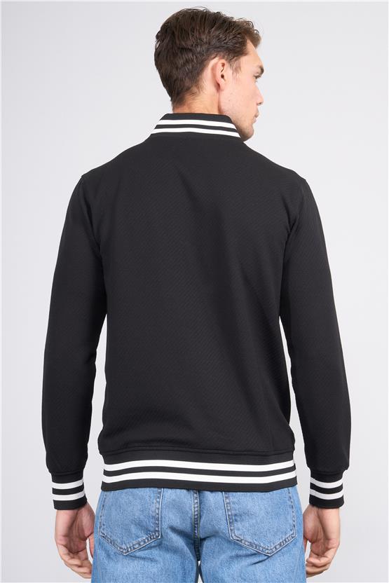 Troy Siyah Erkek Diagonel Çizgili Dik Yaka Sweatshirt