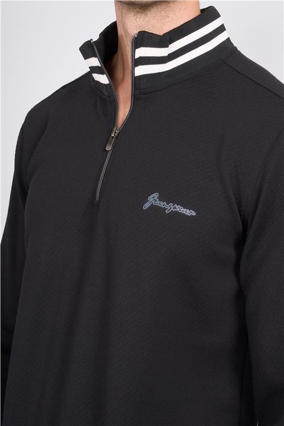 Troy Siyah Erkek Diagonel Çizgili Dik Yaka Sweatshirt