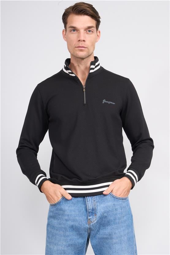 Troy Siyah Erkek Diagonel Çizgili Dik Yaka Sweatshirt