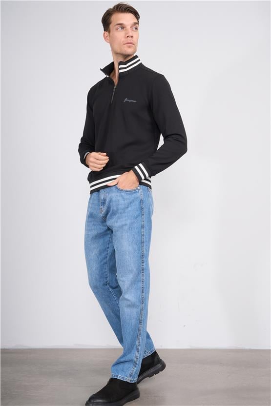 Troy Siyah Erkek Diagonel Çizgili Dik Yaka Sweatshirt