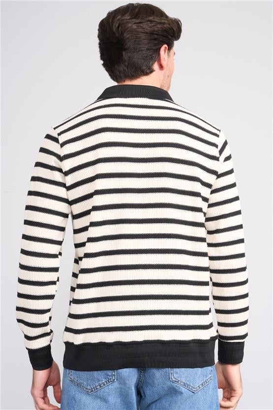 Troy Siyah Erkek Waffle Çizgili V Pat Sweatshirt