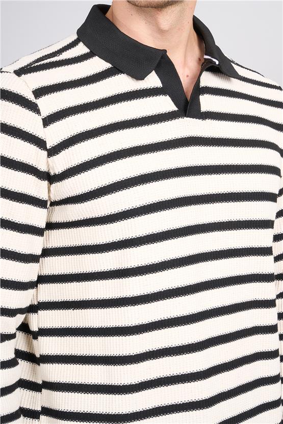 Troy Siyah Erkek Waffle Çizgili V Pat Sweatshirt