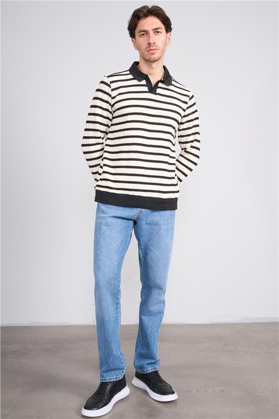 Troy Siyah Erkek Waffle Çizgili V Pat Sweatshirt