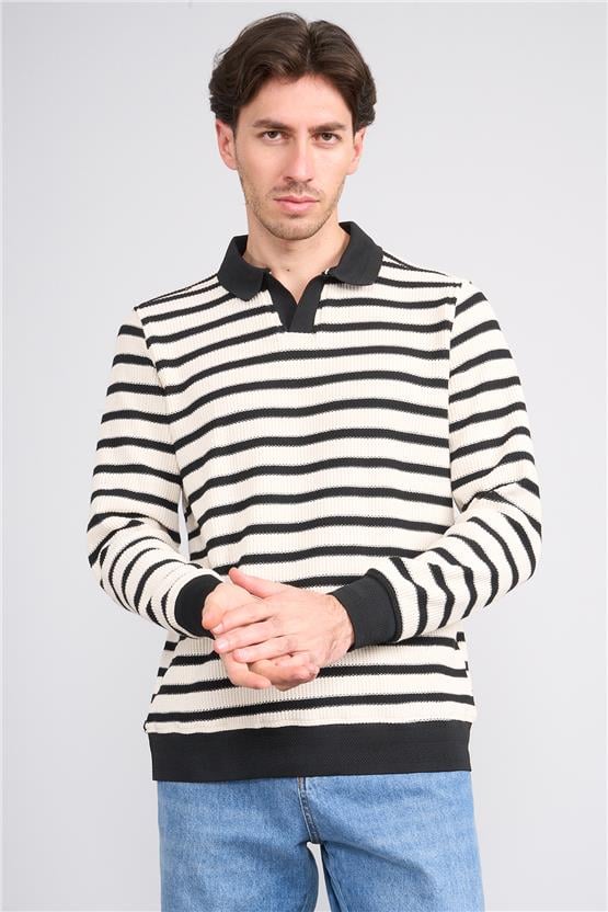 Troy Siyah Erkek Waffle Çizgili V Pat Sweatshirt