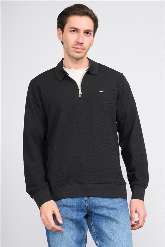 Troy Siyah Erkek Yelpaze Fermuarlı Sweatshirt