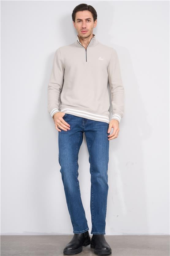 Troy Taş Erkek Çıtır Fermuarlı Çizgili Dik Yak. Sweatshirt