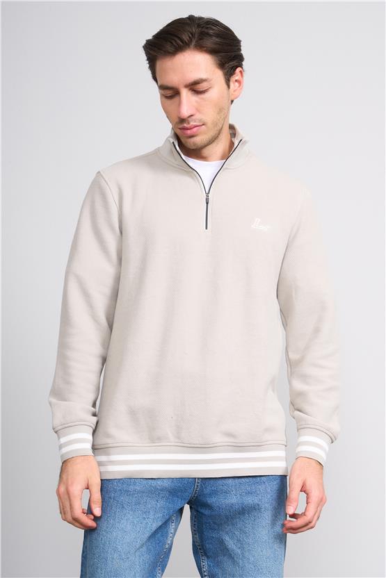 Troy Taş Erkek Çıtır Fermuarlı Çizgili Dik Yak. Sweatshirt