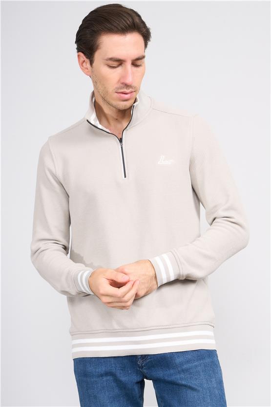 Troy Taş Erkek Çıtır Fermuarlı Çizgili Dik Yak. Sweatshirt