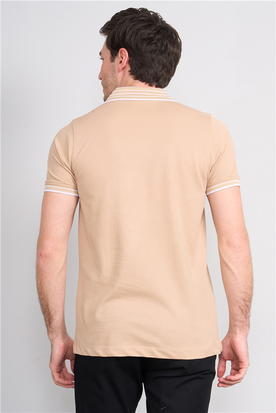 Troy Y26 26537 Bej Erkek Pepe Polo Yak.Cızgılı Fermuarlı T-Shirt