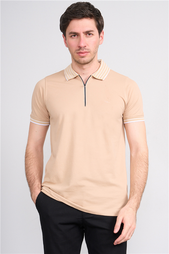 Troy Y26 26537 Bej Erkek Pepe Polo Yak.Cızgılı Fermuarlı T-Shirt