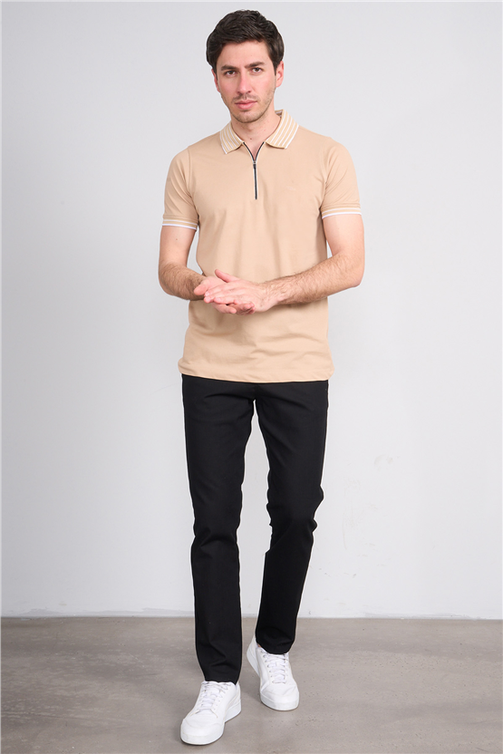 Troy Y26 26537 Bej Erkek Pepe Polo Yak.Cızgılı Fermuarlı T-Shirt