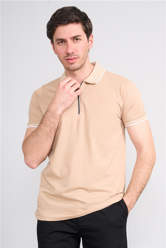 Troy Y26 26537 Bej Erkek Pepe Polo Yak.Cızgılı Fermuarlı T-Shirt