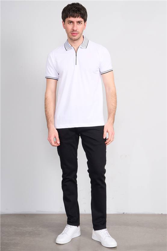Troy Y26 26537 Beyaz Erkek Pepe Polo Yak.Cızgılı Fermuarlı T-Shirt
