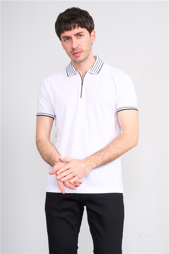 Troy Y26 26537 Beyaz Erkek Pepe Polo Yak.Cızgılı Fermuarlı T-Shirt