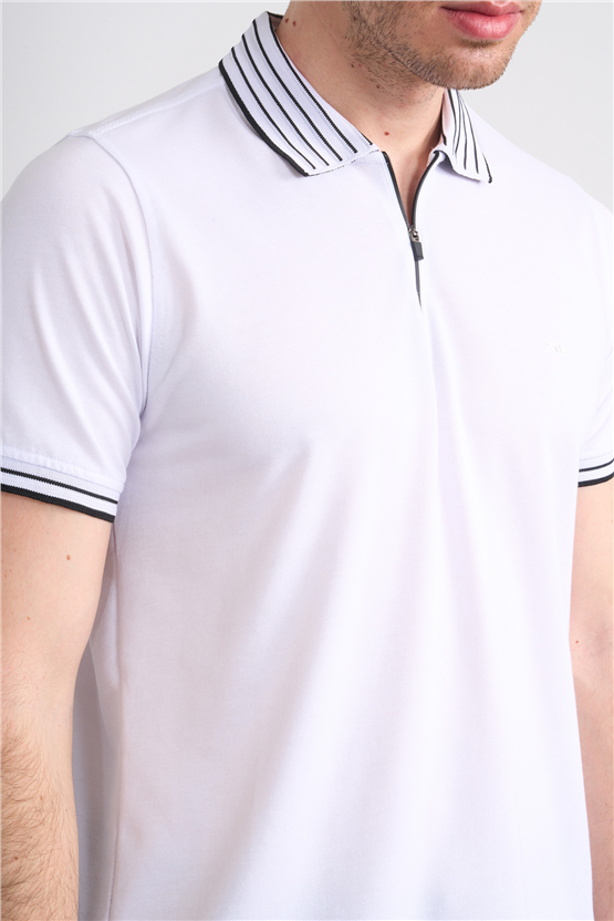 Troy Y26 26537 Beyaz Erkek Pepe Polo Yak.Cızgılı Fermuarlı T-Shirt