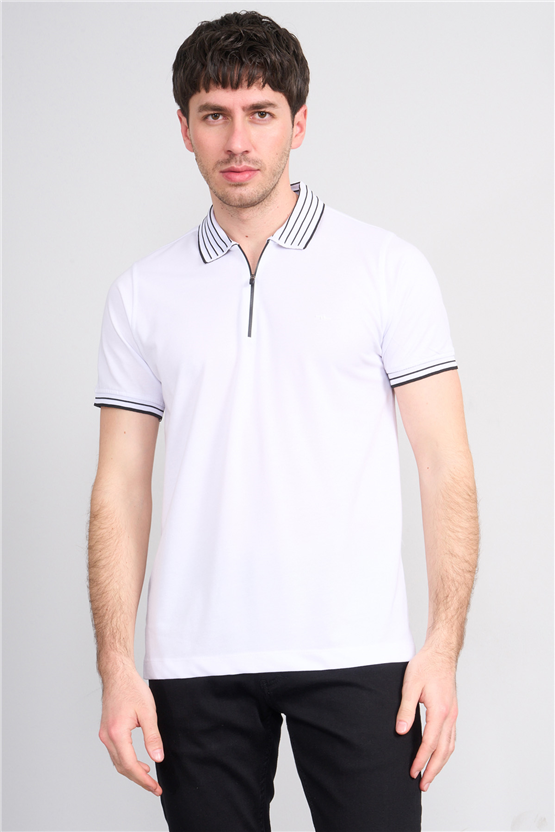 Troy Y26 26537 Beyaz Erkek Pepe Polo Yak.Cızgılı Fermuarlı T-Shirt