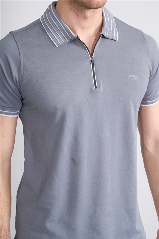 Troy Y26 26537 Füme Erkek Pepe Polo Yak.Cızgılı Fermuarlı T-Shirt
