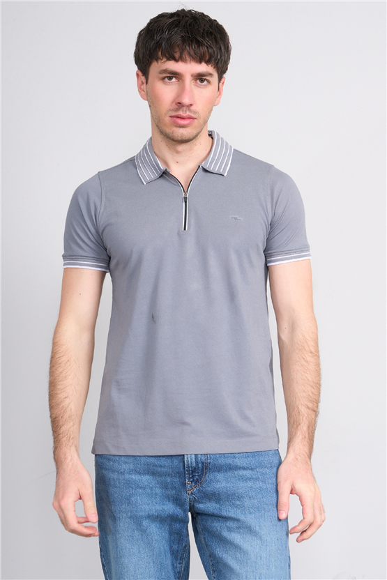 Troy Y26 26537 Füme Erkek Pepe Polo Yak.Cızgılı Fermuarlı T-Shirt