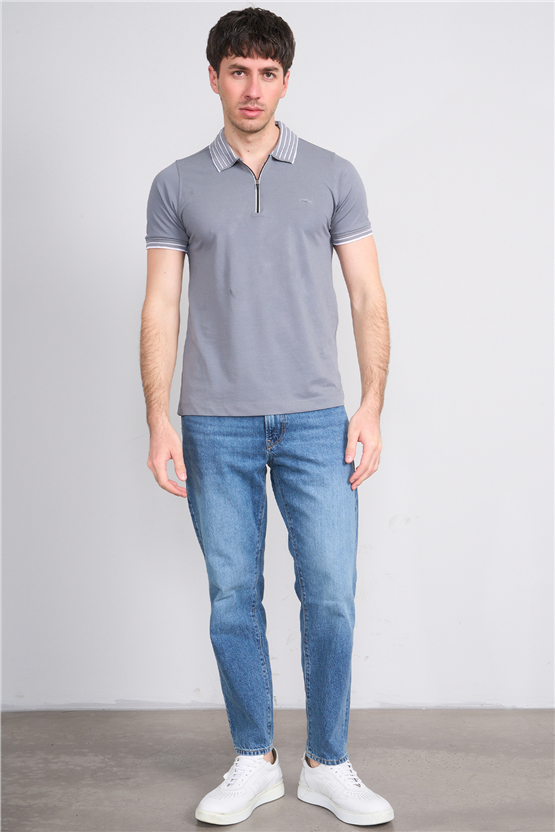 Troy Y26 26537 Füme Erkek Pepe Polo Yak.Cızgılı Fermuarlı T-Shirt