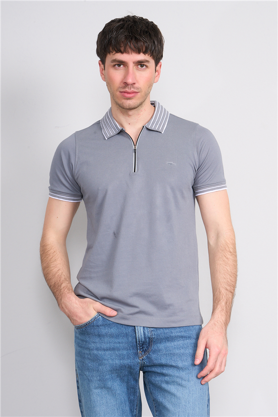 Troy Y26 26537 Füme Erkek Pepe Polo Yak.Cızgılı Fermuarlı T-Shirt