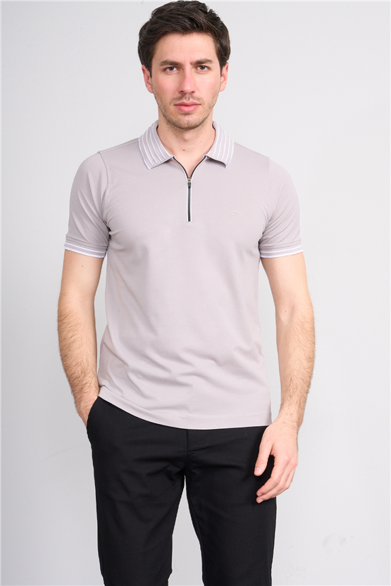 Troy Y26 26537 Gri Erkek Pepe Polo Yak.Cızgılı Fermuarlı T-Shirt