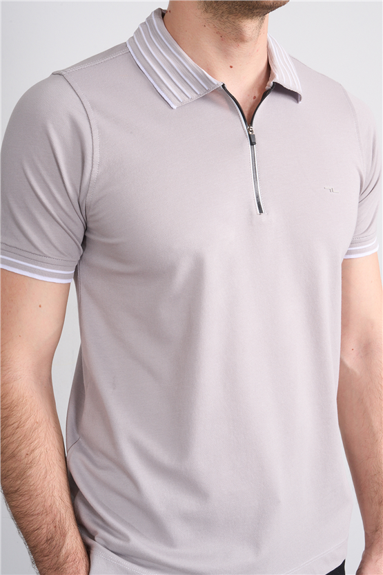 Troy Y26 26537 Gri Erkek Pepe Polo Yak.Cızgılı Fermuarlı T-Shirt