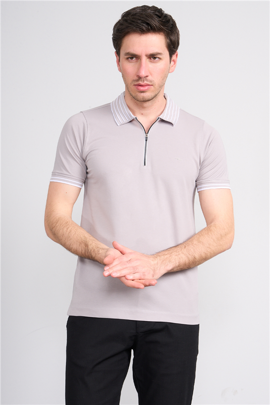Troy Y26 26537 Gri Erkek Pepe Polo Yak.Cızgılı Fermuarlı T-Shirt
