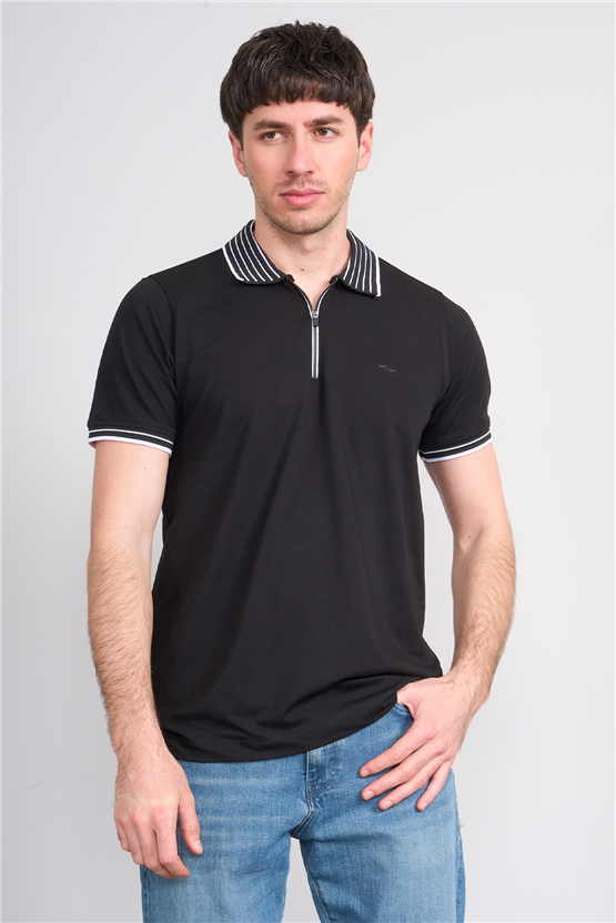 Troy Y26 26537 Siyah Erkek Pepe Polo Yak.Cızgılı Fermuarlı T-Shirt