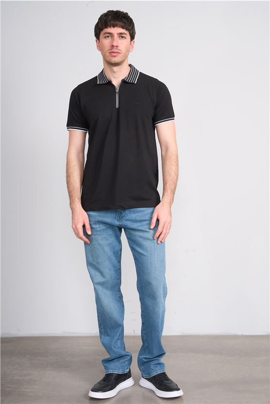 Troy Y26 26537 Siyah Erkek Pepe Polo Yak.Cızgılı Fermuarlı T-Shirt