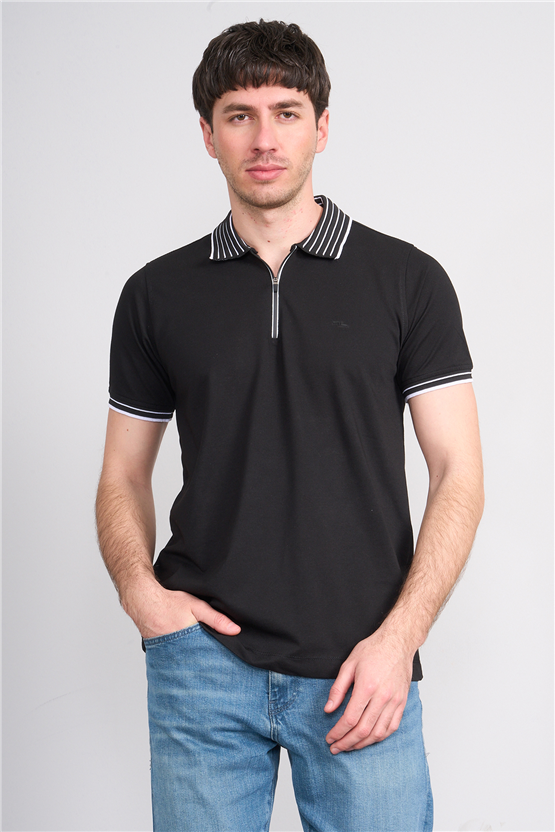 Troy Y26 26537 Siyah Erkek Pepe Polo Yak.Cızgılı Fermuarlı T-Shirt