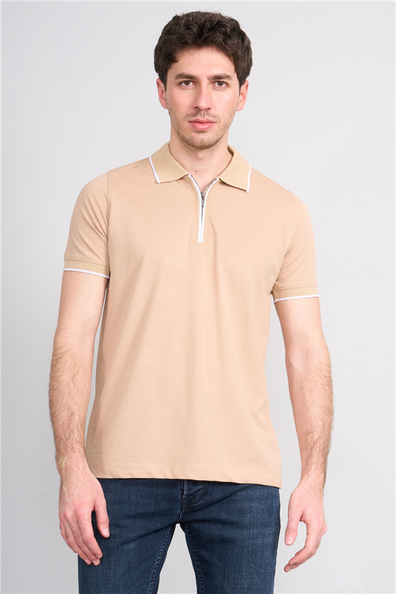 Troy Y26 26545 Bej Erkek Pepe Fermuarlı Polo T-Shirt