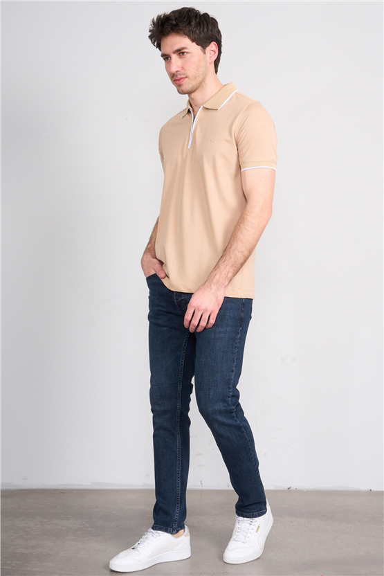 Troy Y26 26545 Bej Erkek Pepe Fermuarlı Polo T-Shirt