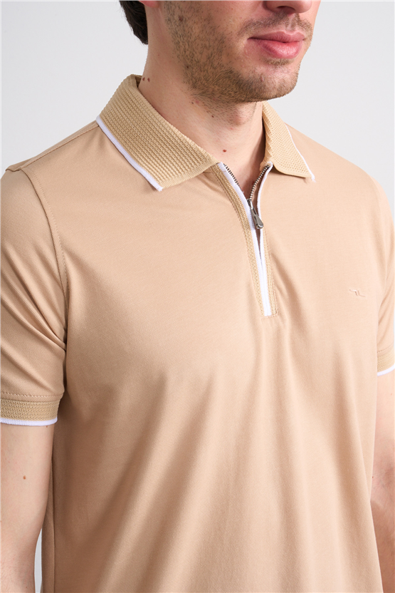 Troy Y26 26545 Bej Erkek Pepe Fermuarlı Polo T-Shirt