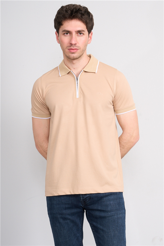 Troy Y26 26545 Bej Erkek Pepe Fermuarlı Polo T-Shirt