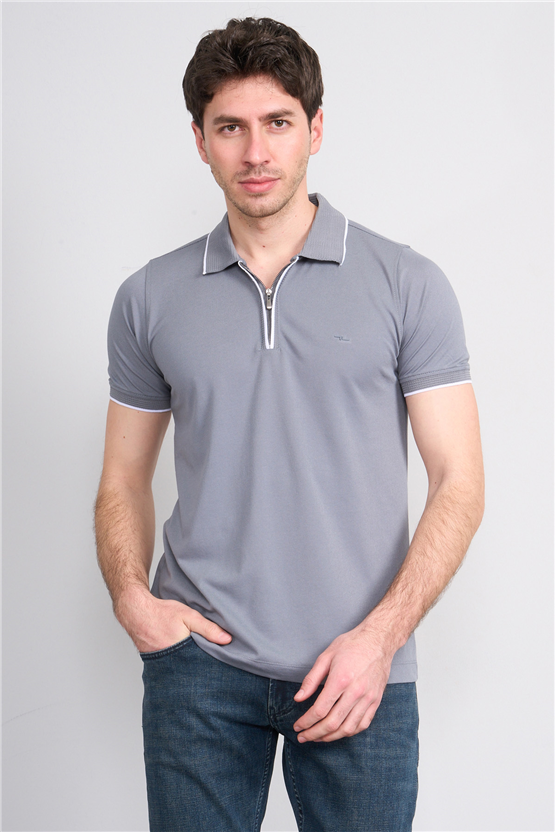 Troy Y26 26545 Gri Erkek Pepe Fermuarlı Polo T-Shirt