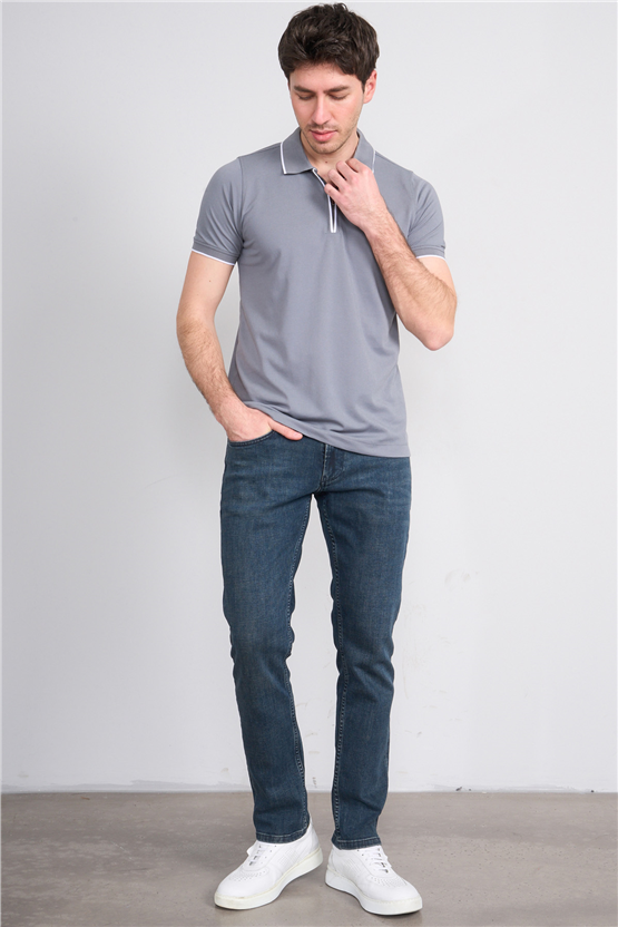 Troy Y26 26545 Gri Erkek Pepe Fermuarlı Polo T-Shirt