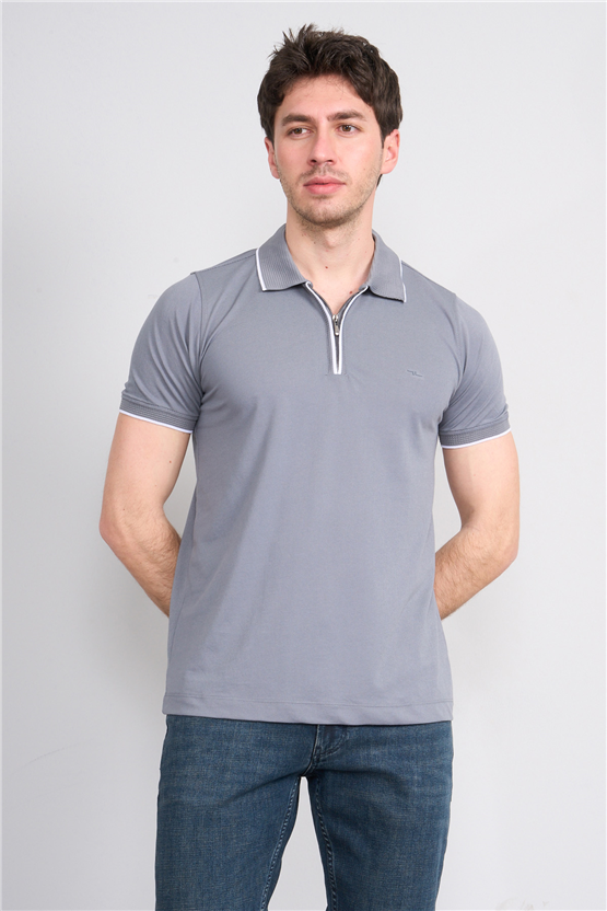 Troy Y26 26545 Gri Erkek Pepe Fermuarlı Polo T-Shirt