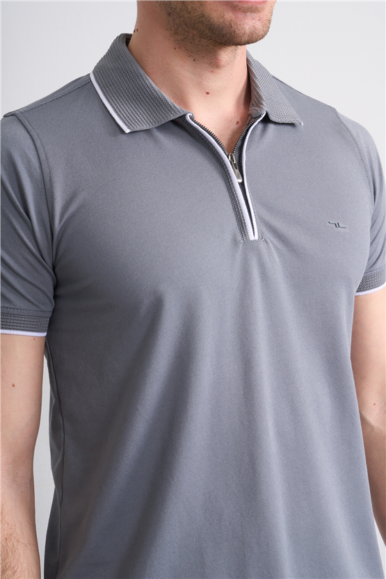 Troy Y26 26545 Gri Erkek Pepe Fermuarlı Polo T-Shirt
