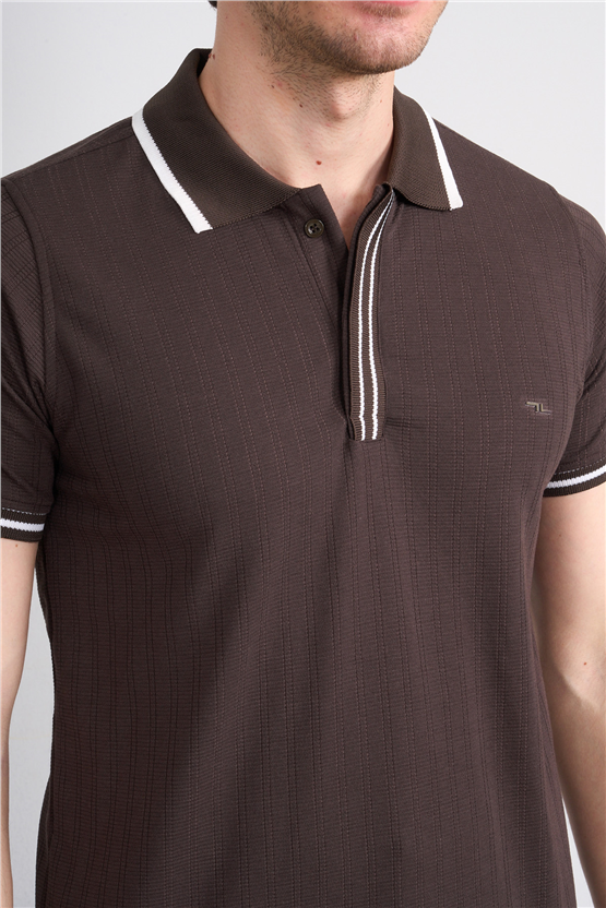 Troy Y26 26550 Kahve Erkek Kare Cızgılı Patlı Polo Yaka T-Shirt