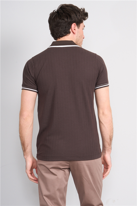 Troy Y26 26550 Kahve Erkek Kare Cızgılı Patlı Polo Yaka T-Shirt