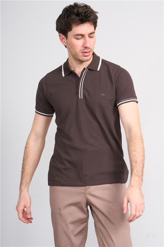 Troy Y26 26550 Kahve Erkek Kare Cızgılı Patlı Polo Yaka T-Shirt