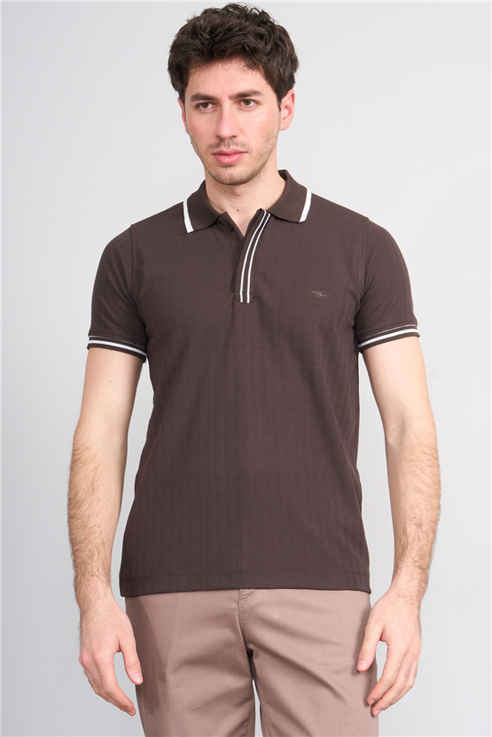 Troy Y26 26550 Kahve Erkek Kare Cızgılı Patlı Polo Yaka T-Shirt