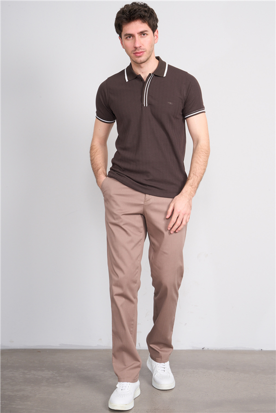 Troy Y26 26550 Kahve Erkek Kare Cızgılı Patlı Polo Yaka T-Shirt