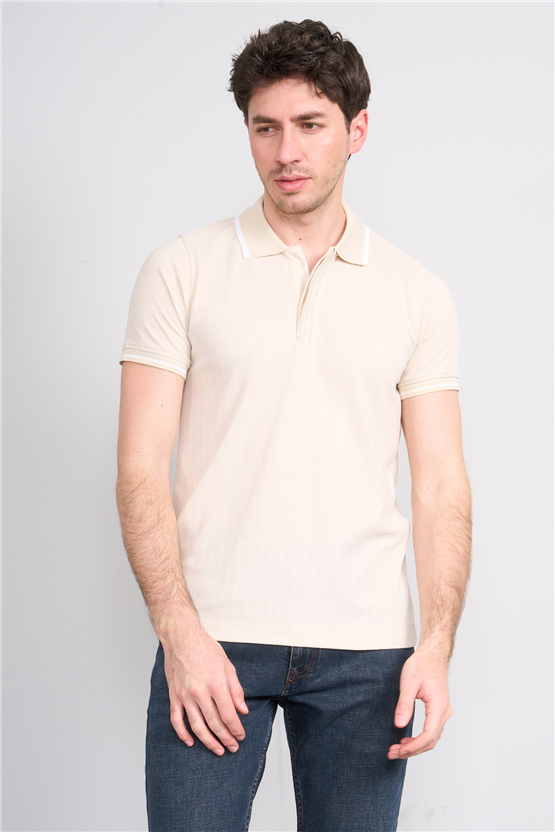 Troy Y26 26550 Kemik Erkek Kare Cızgılı Patlı Polo Yaka T-Shirt