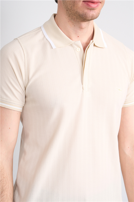 Troy Y26 26550 Kemik Erkek Kare Cızgılı Patlı Polo Yaka T-Shirt